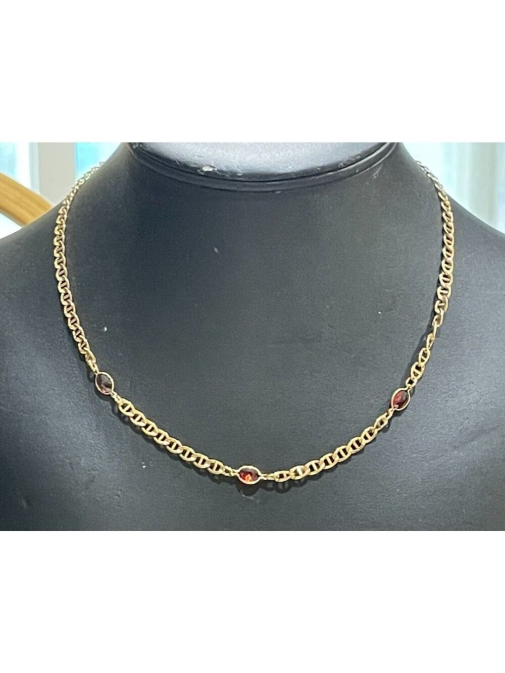 Vtg 1/30 14K Gold Over Sterling Mariner Link Red Glass Station Necklace 17.5"